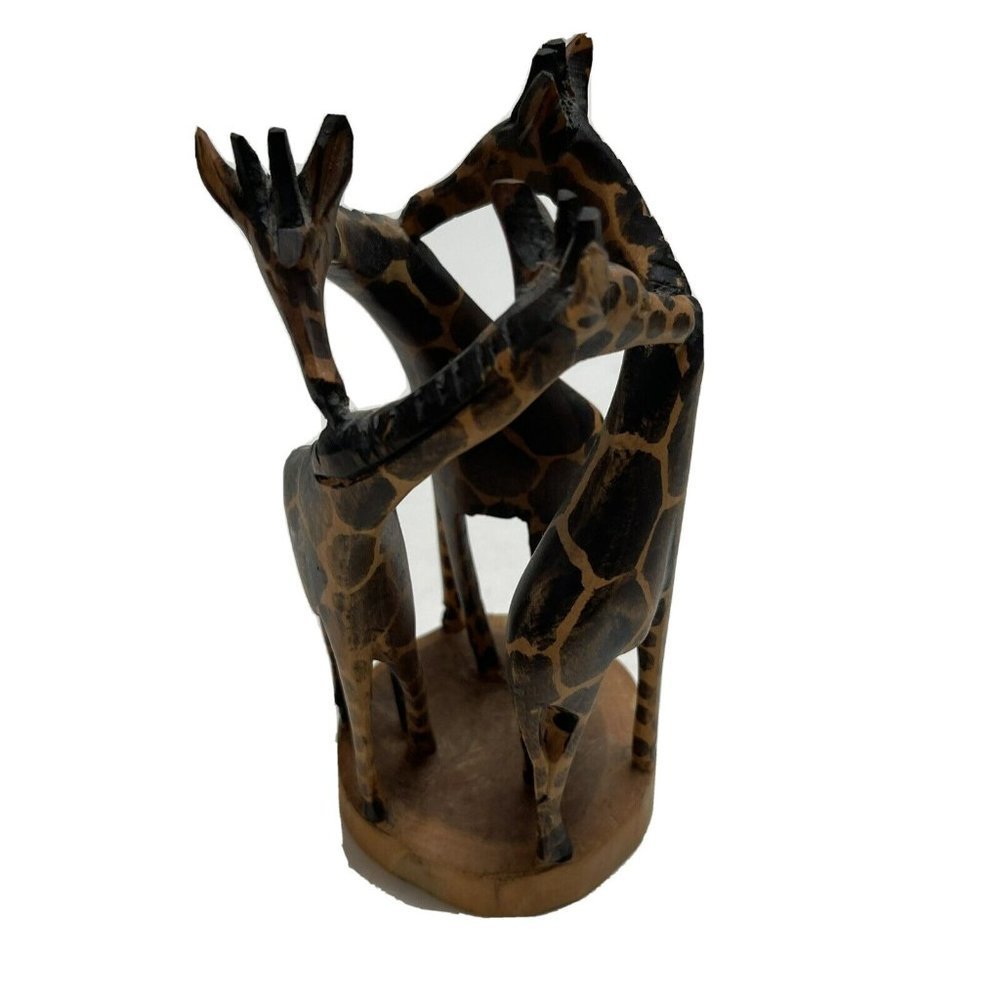 Carved Wooden 3 Giraffes Hugging Family Entwined Giraffe Safari Statue Figures